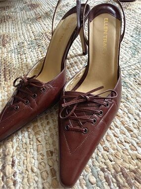 Ellen Tracy Burgundy Pointed-Toe Lace-Up Slingback Heels